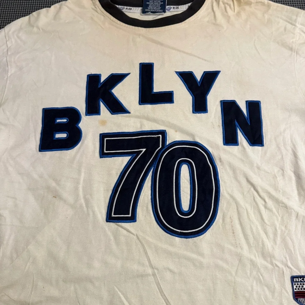 Brooklyn Express NY 70 Mens T-Shirt Large Cream Blue Ringer Jersey Style Vintage